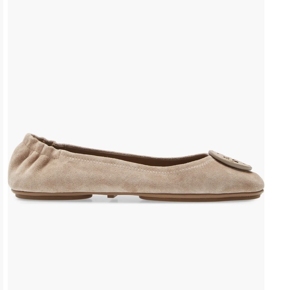 NWT Tory Burch Minnie Travel Ballet with Leather Logo  Suede Rocky Pebble 7 1/2 - Picture 4 of 8